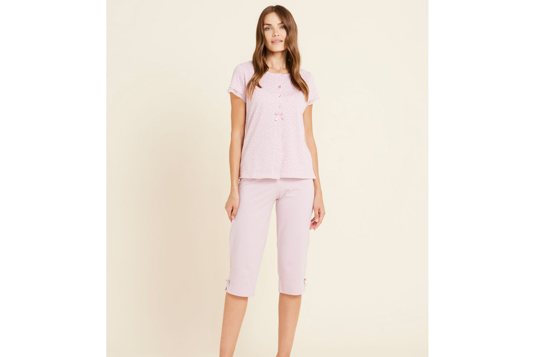 FA8285 Pijama de mujer de algodón con forma Noi di Notte pantalón pescador manga corta frente abierto