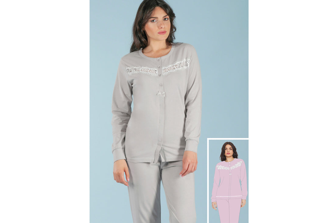 ir1498 Pijama clásico de mujer abierto hacia adelante Jersey de algodón Irge con aplicaciones de manga larga y pantalón largo