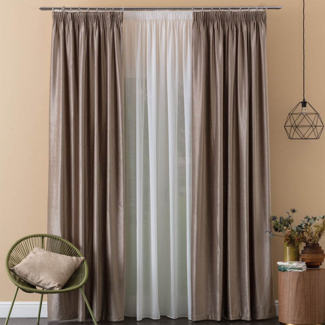 Cortina a medida confeccionada con suelo de georgette más dos cortinas de terciopelo listas para usar Paneles de cortina multibolsillos línea ORO