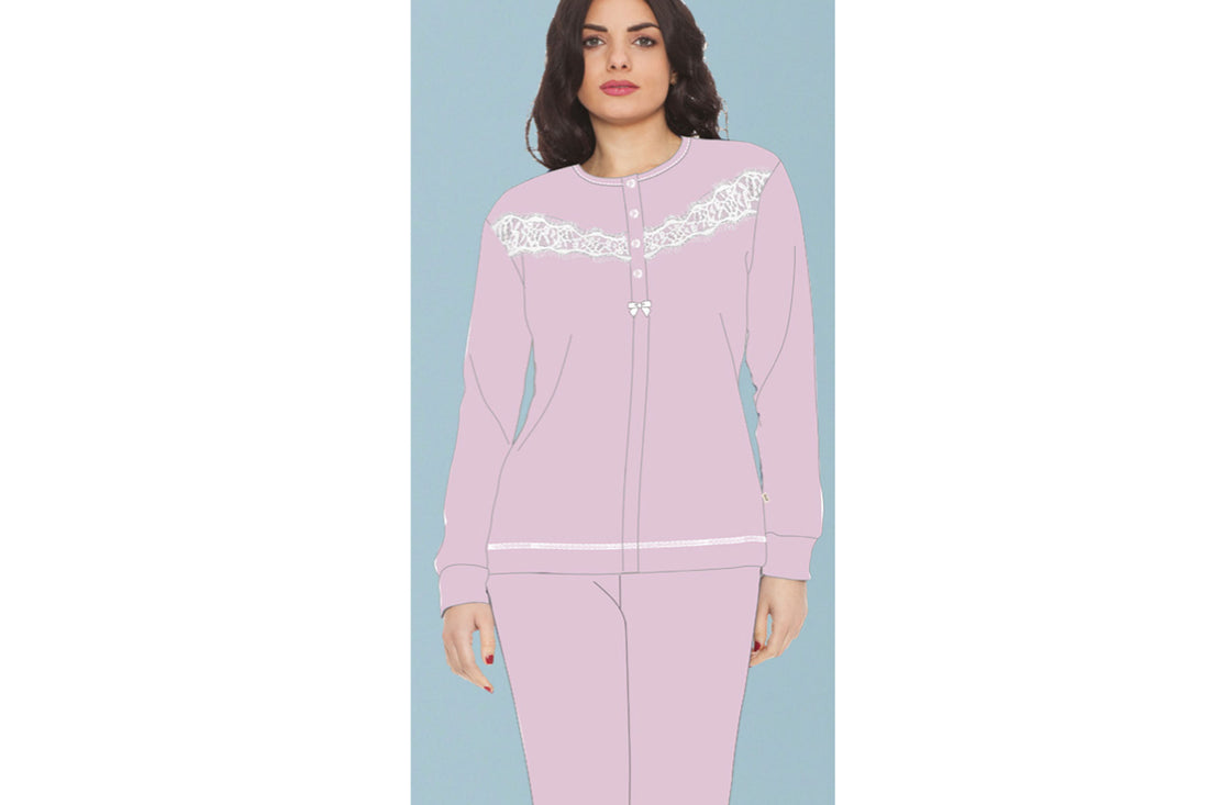 ir1498 Pijama clásico de mujer abierto hacia adelante Jersey de algodón Irge con aplicaciones de manga larga y pantalón largo
